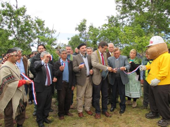 Autoridades en el tradicional corte de cinta de la remodelación del parque urbano del Museo Mapuche de Cañete
