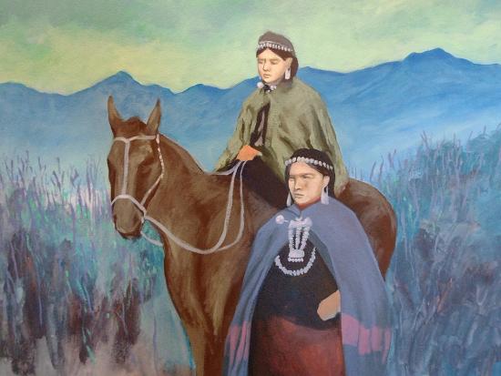 Detalle de pintura que muestra a dos mujeres mapuche y un caballo de Eduardo Rapimán Marín.